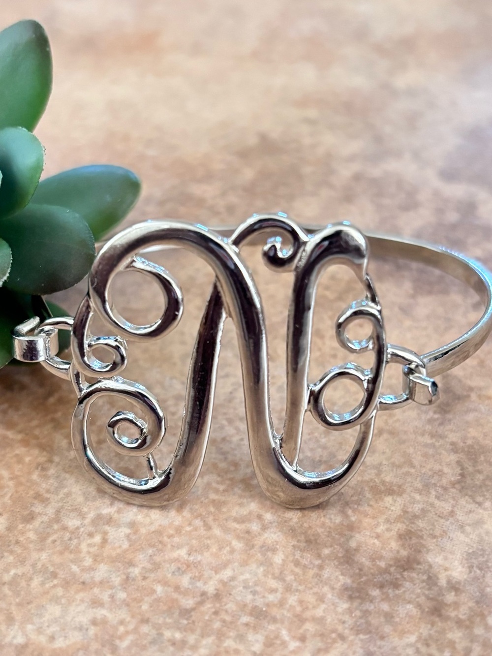 Silver Tone Monogram N Open Cuff Bracelet